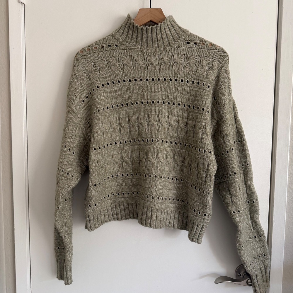 Sage Green Cable Knit Mock Neck Sweater Wool Blend Granolagirl Cottagecore Cozy